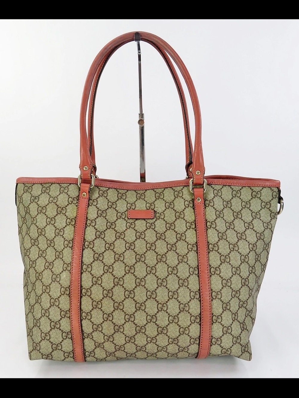 Gucci Beige GG Canvas Tote with Coral Leather Trim